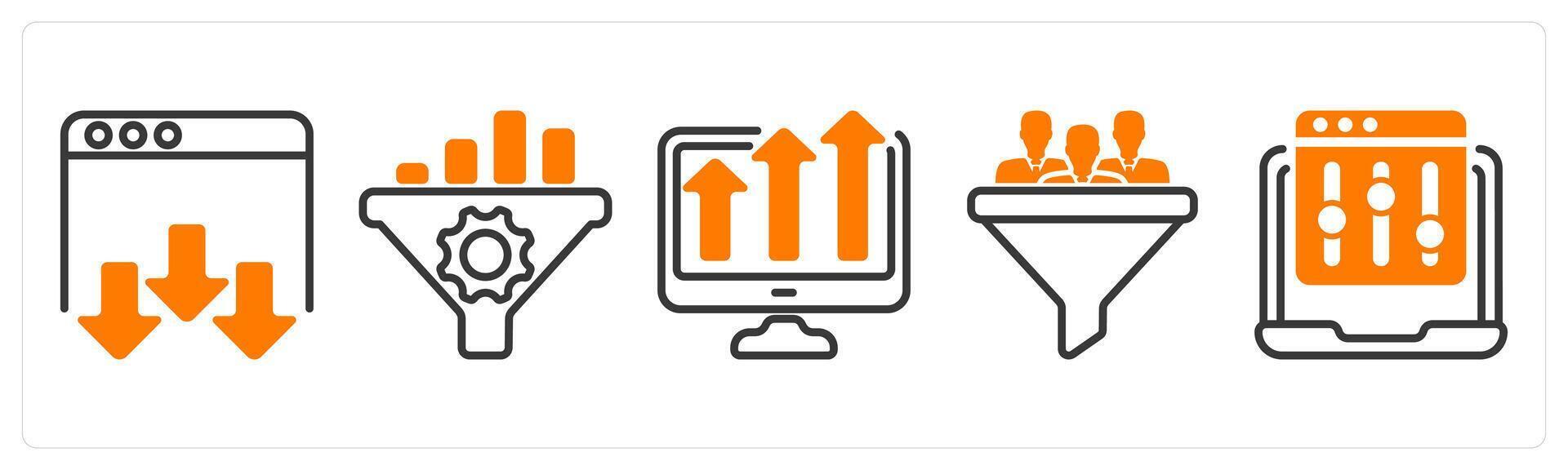 Set of five business icons as landing page, seo conversion rate, marketing trend vector