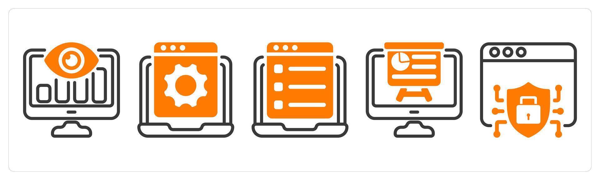 Set of five business icons as seo monitoring, web site development, online questionnaire vector