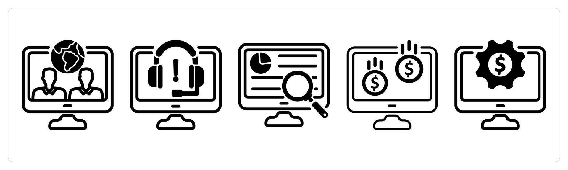 A set of five business icons as virtual team, online support, research vector