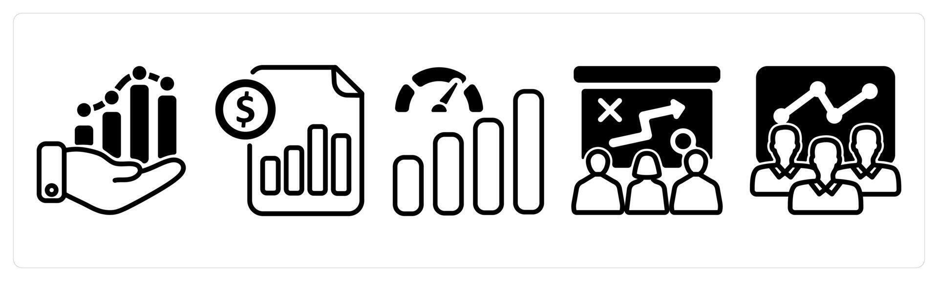 A set of five business icons as business growth, cost statement, improve performance vector