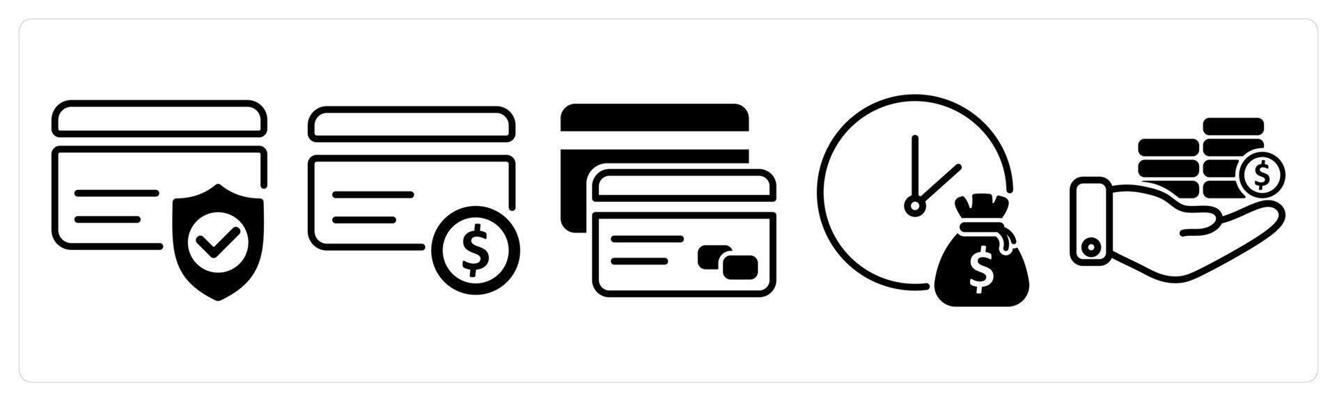 A set of five business icons as credit card security, credit card, payment card vector