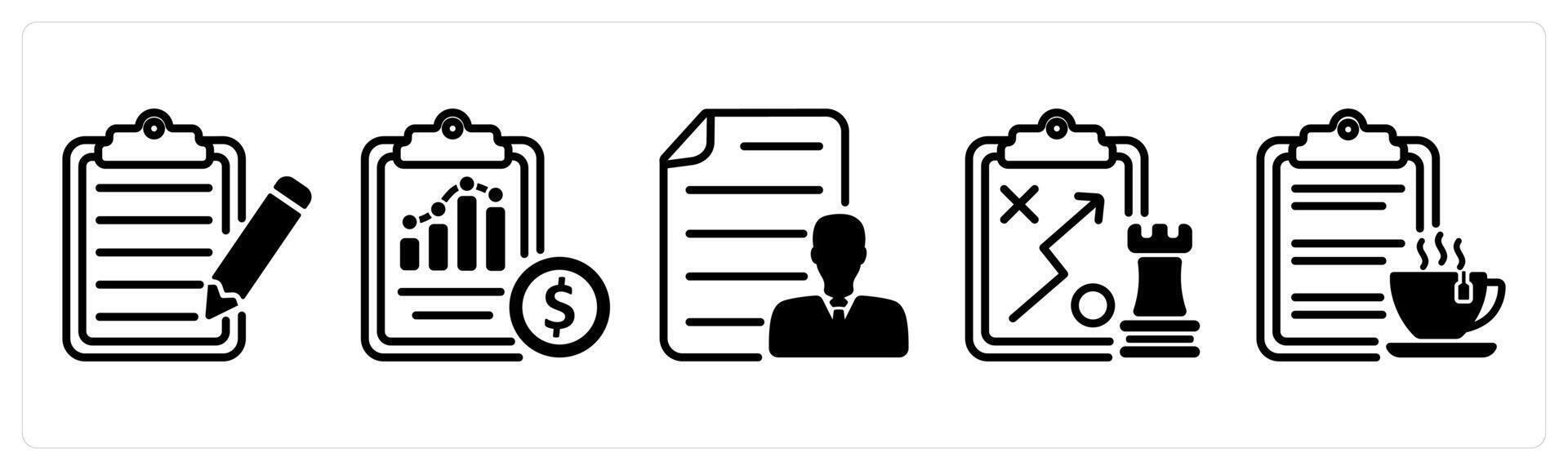 A set of five business icons as writing, cost statement, employee details vector