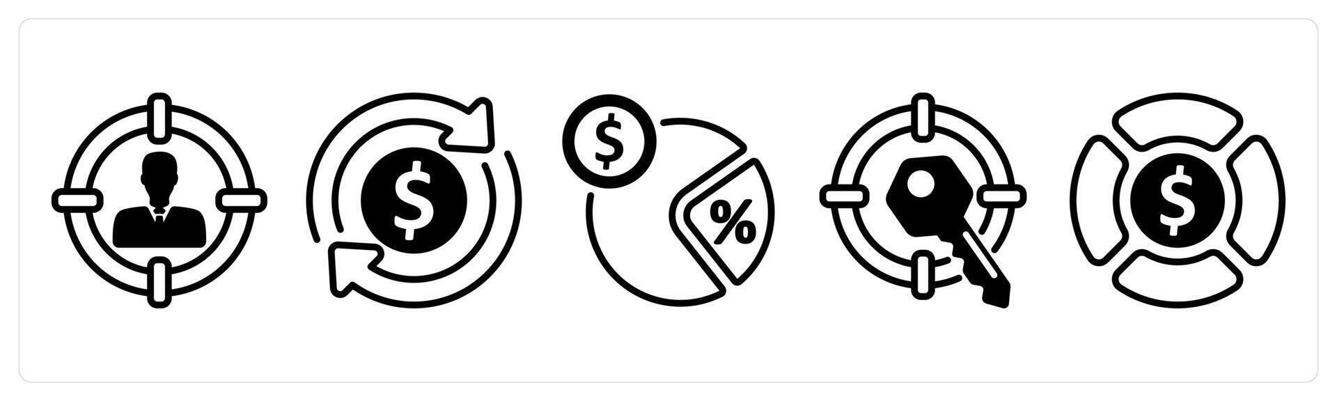 A set of five business icons as target customer, tax refund, tax rate vector