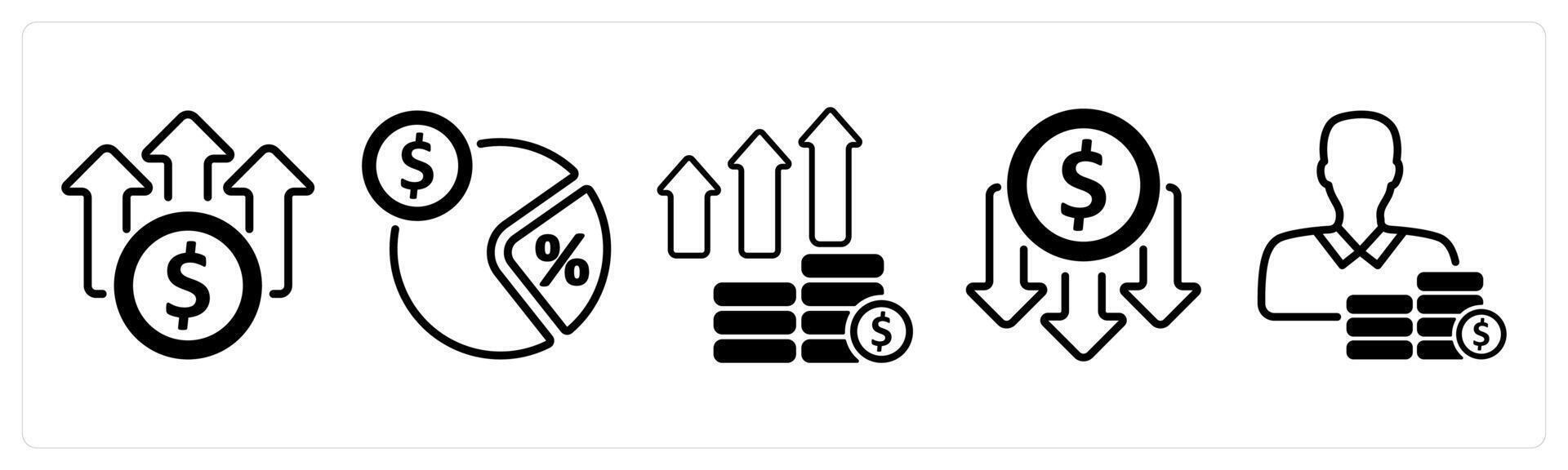 A set of five business icons as high cost, tax rate, business profit vector