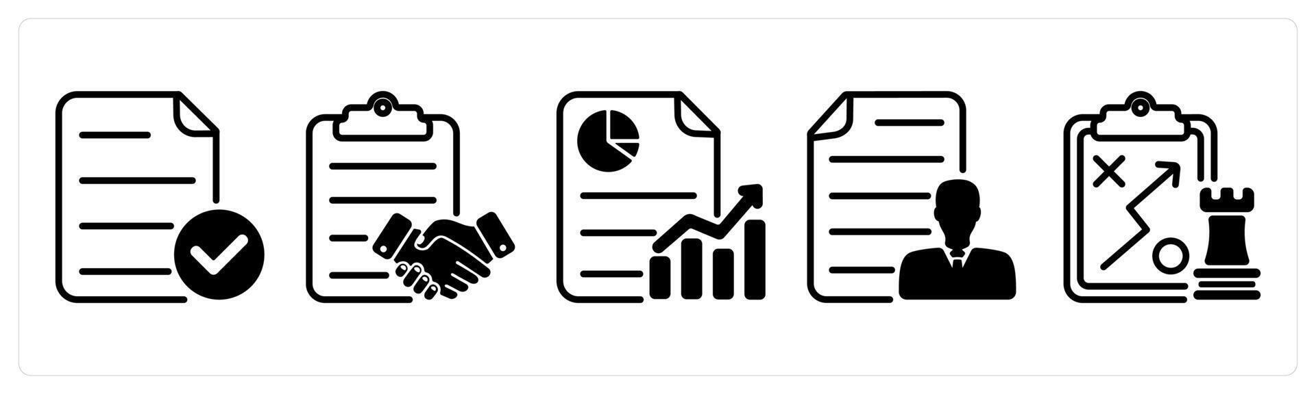 A set of five business icons as verified file, agreement, business progres vector