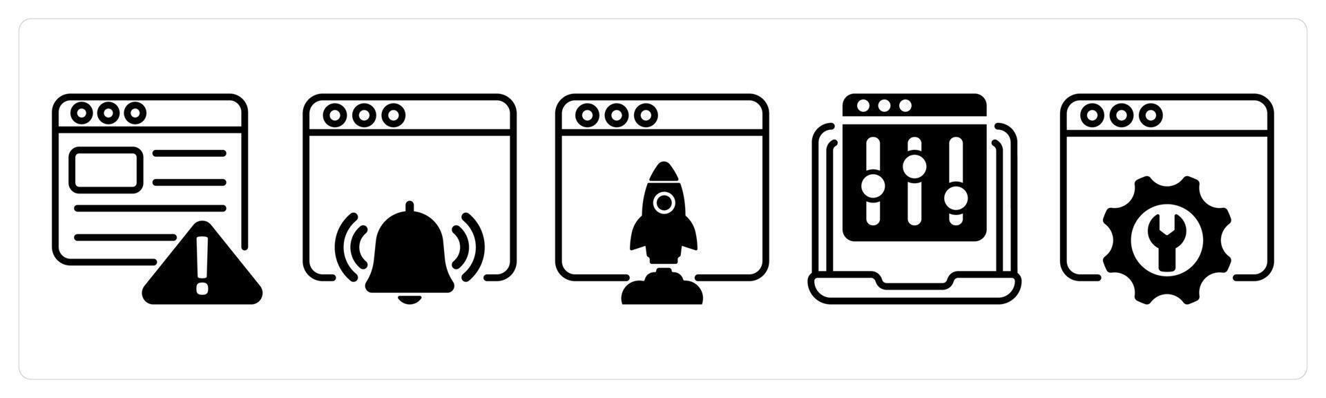A set of five business icons as seo warning, seo notification, browser launch vector