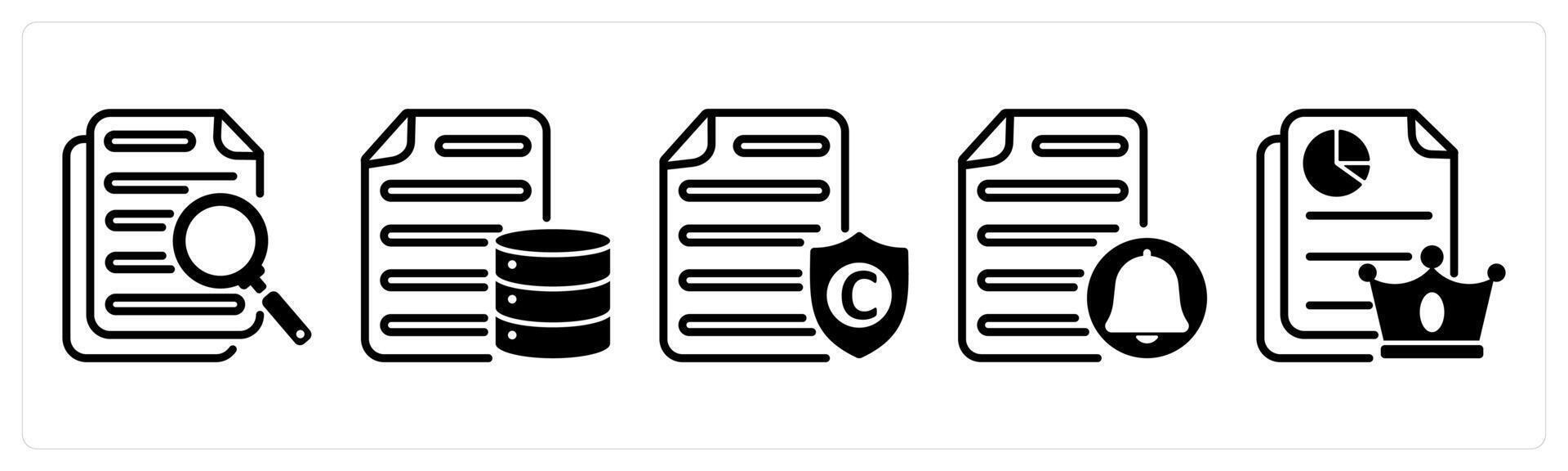 A set of five business icons as search document, database document, copyright protection vector