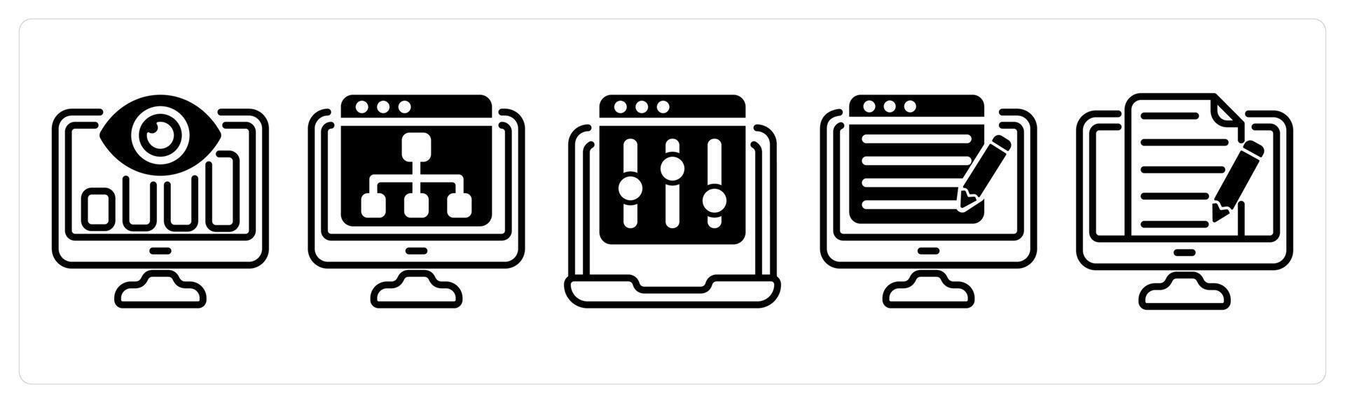 A set of five business icons as seo monitoring, web hierarchy, refine webpage vector