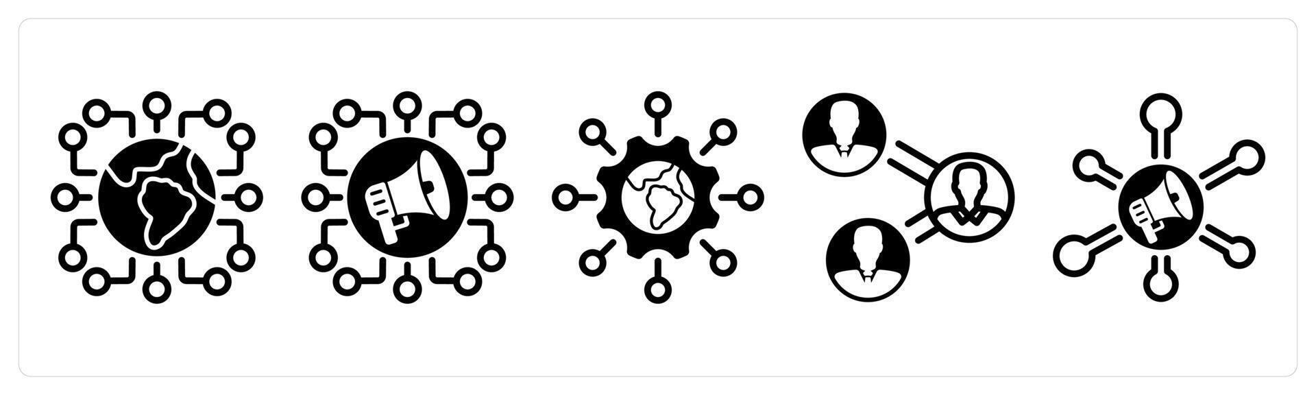 A set of five business icons as connectivity, social campaign, global technology vector