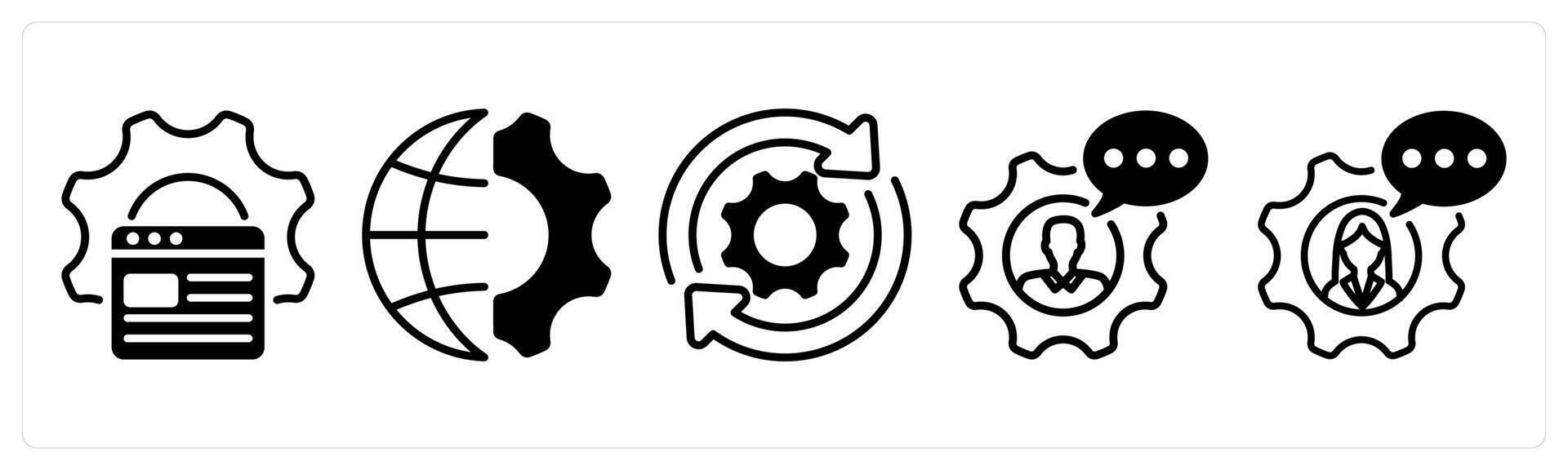 A set of five business icons as website optimization, global engineering, update vector