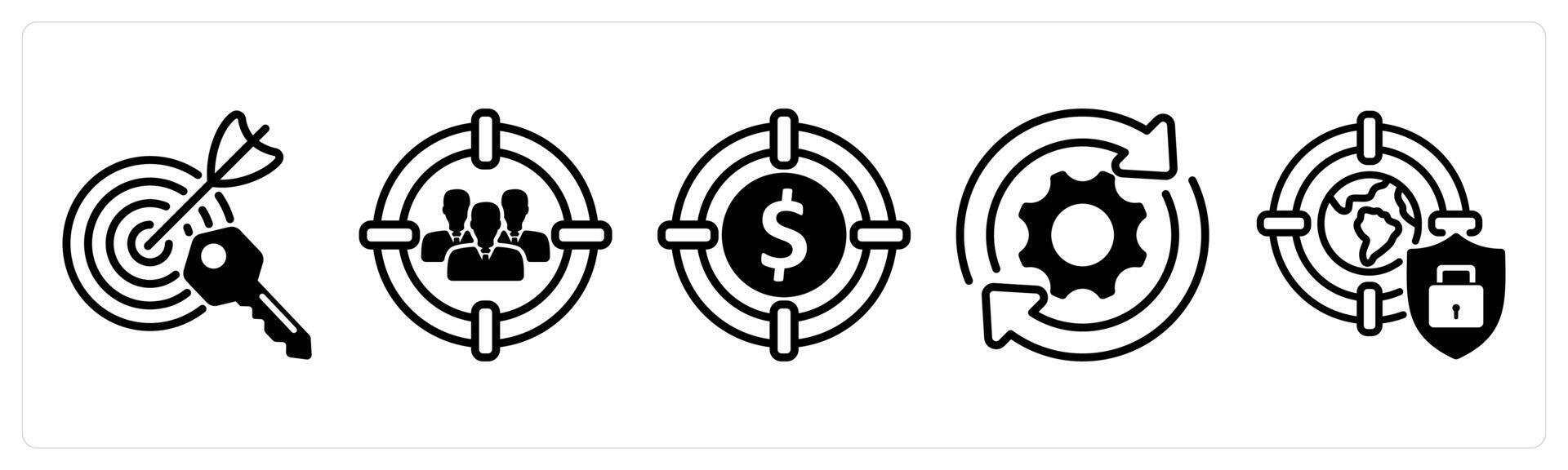 A set of five business icons as target keywords, target audience, target profit vector
