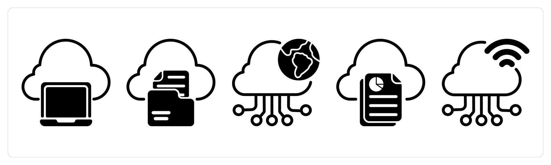 A set of five business icons as file storage, cloud connection vector