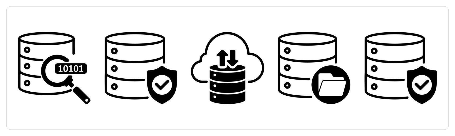 A set of five business icons as find data, database protection, cloud storage vector