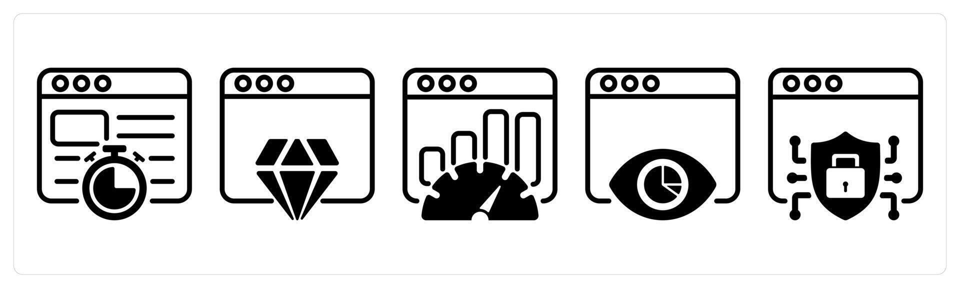 A set of five business icons as website speed, website reputation, seo performance vector