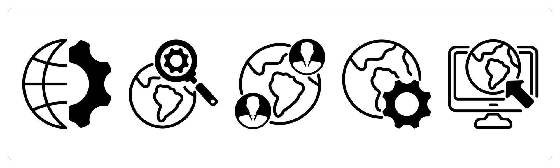 A set of five business icons as global engineering, search engine, global communication vector