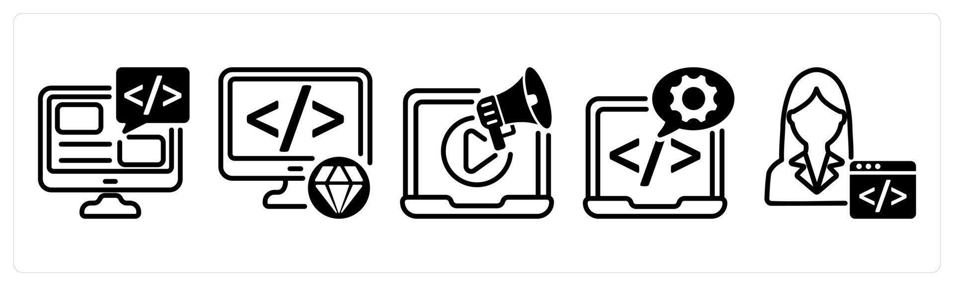 A set of five business icons as programming, clean code, marketing vector
