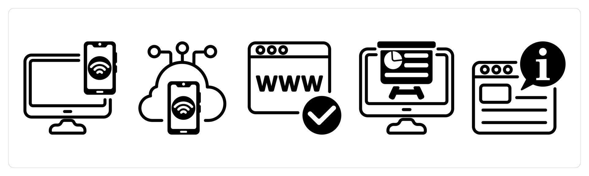 A set of five business icons as device connectivity, iot, domain registration vector
