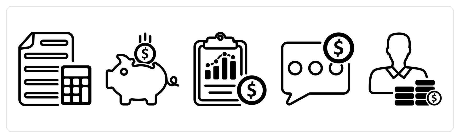 A set of five business icons as calculation, savings, cost statement vector