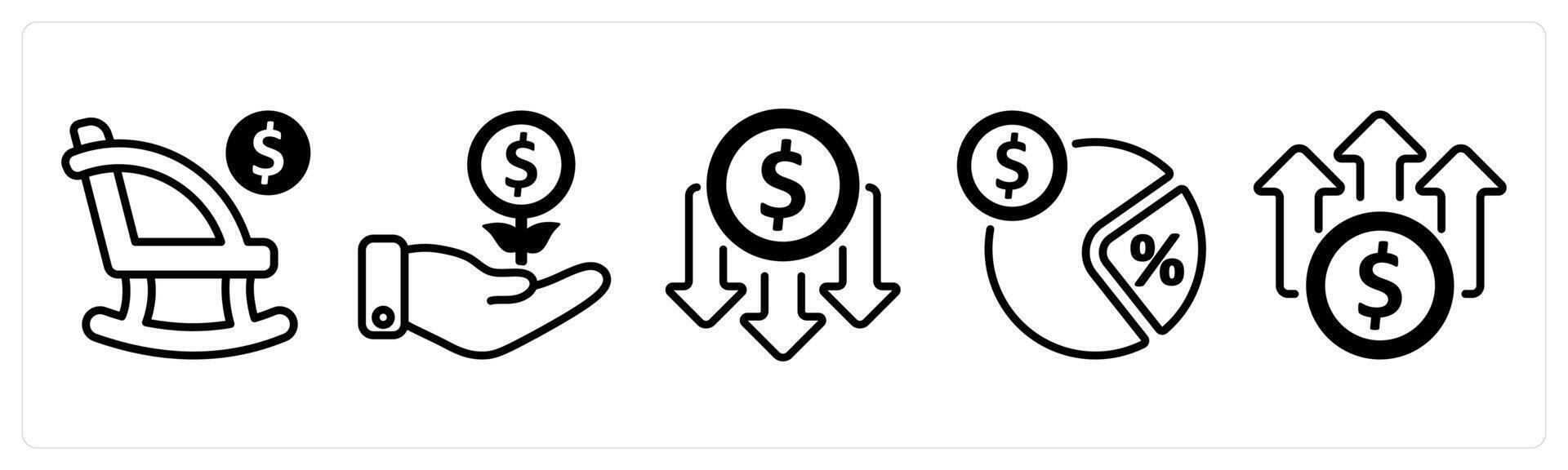A set of five business icons as retirement, investment growth, lower cost vector