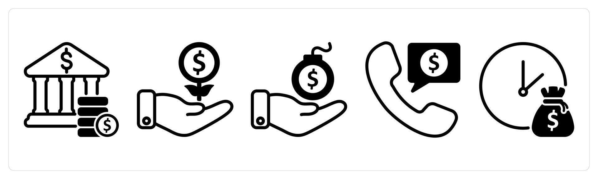A set of five business icons as bank savings, investment growth, debt vector