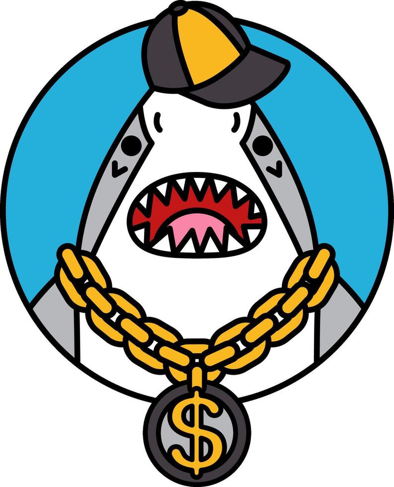 isolate illustration of Shark wearing a cap and a gold necklace vector