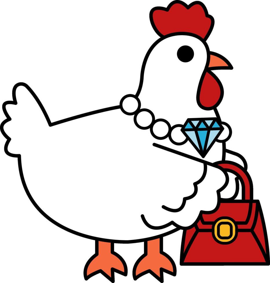 isolate illustration of Chicken with a pearl necklace holding a bag vector