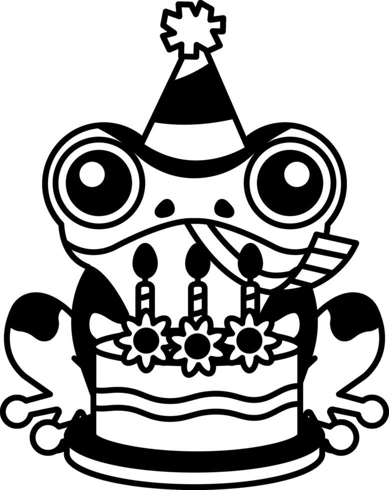 isolate black and white illustration of Frog with party hat and cake vector