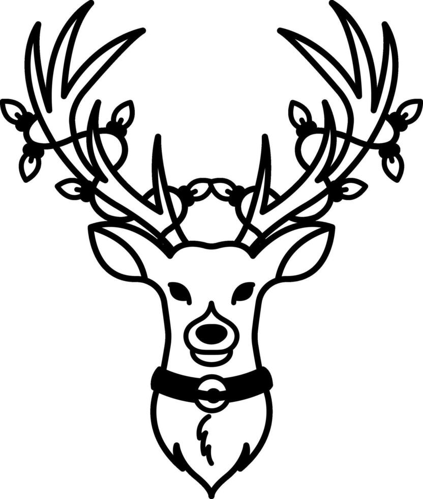 isolate black and white illustration of Deer wearing a collar and wires wrapped around his antlers vector