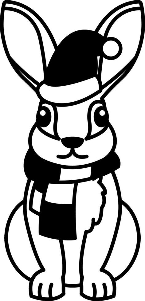 isolate black and white illustration of Rabbit with Santa hat and scarf vector