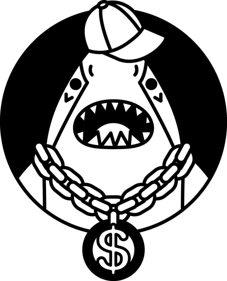 isolate black and white illustration of Shark wearing a cap and a gold necklace vector