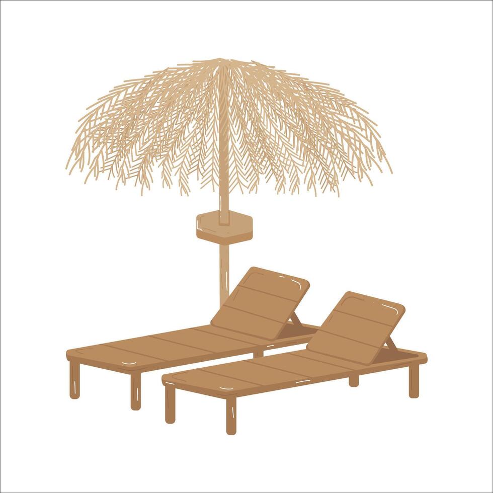 Beach chair chaise longue wooden chaise longue and umbrella made of straw and reed illustration isolated on a white background. vector