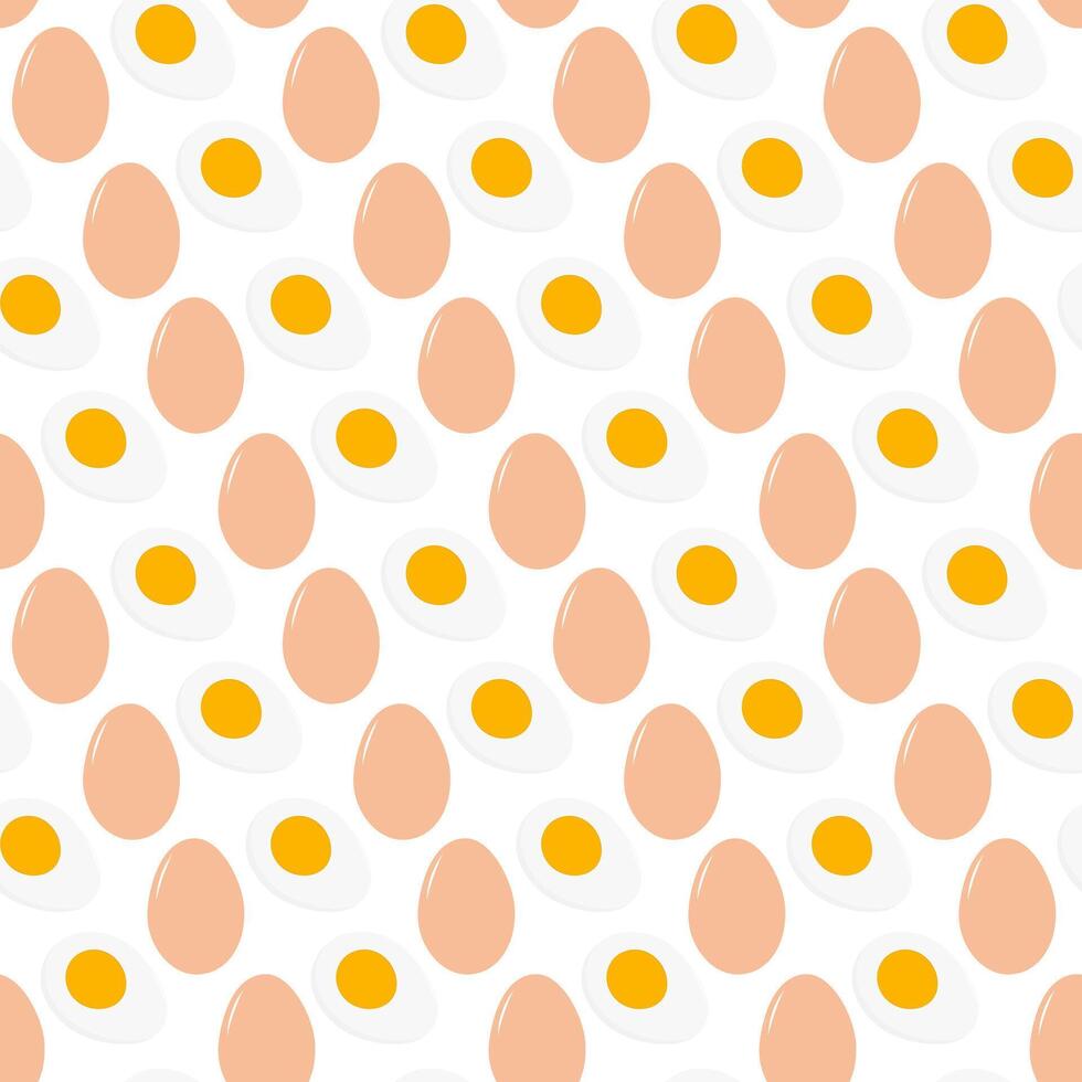 Half hard boiled peeled Egg with yolk Whole Beige Egg Seamless Pattern World Egg Day Background idea. Isolated illustration Wallpaper Wrapping Recipe or menu cards, web promo banner, leaflets vector