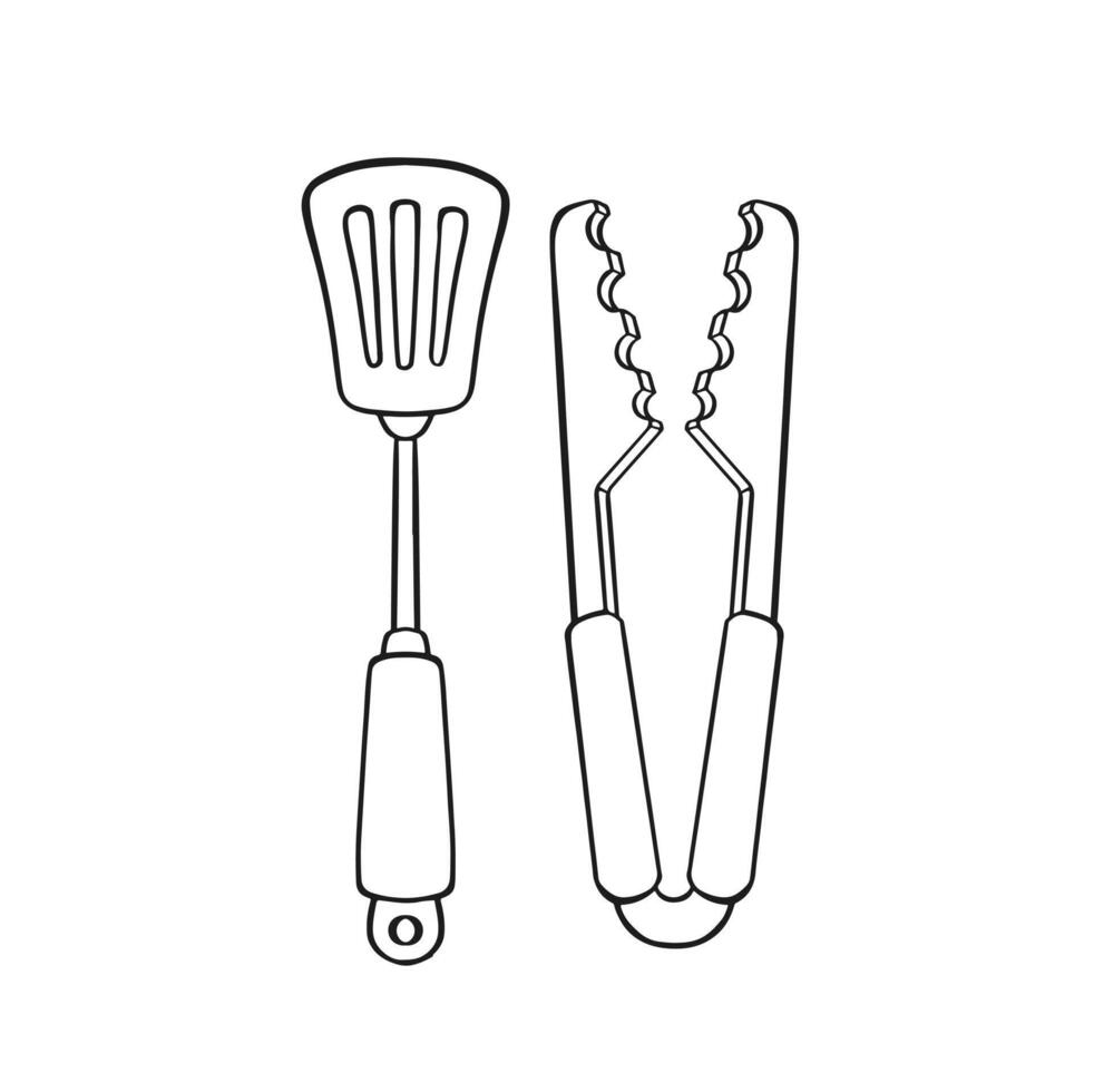 barbecue spatula and tongs line illustration vector