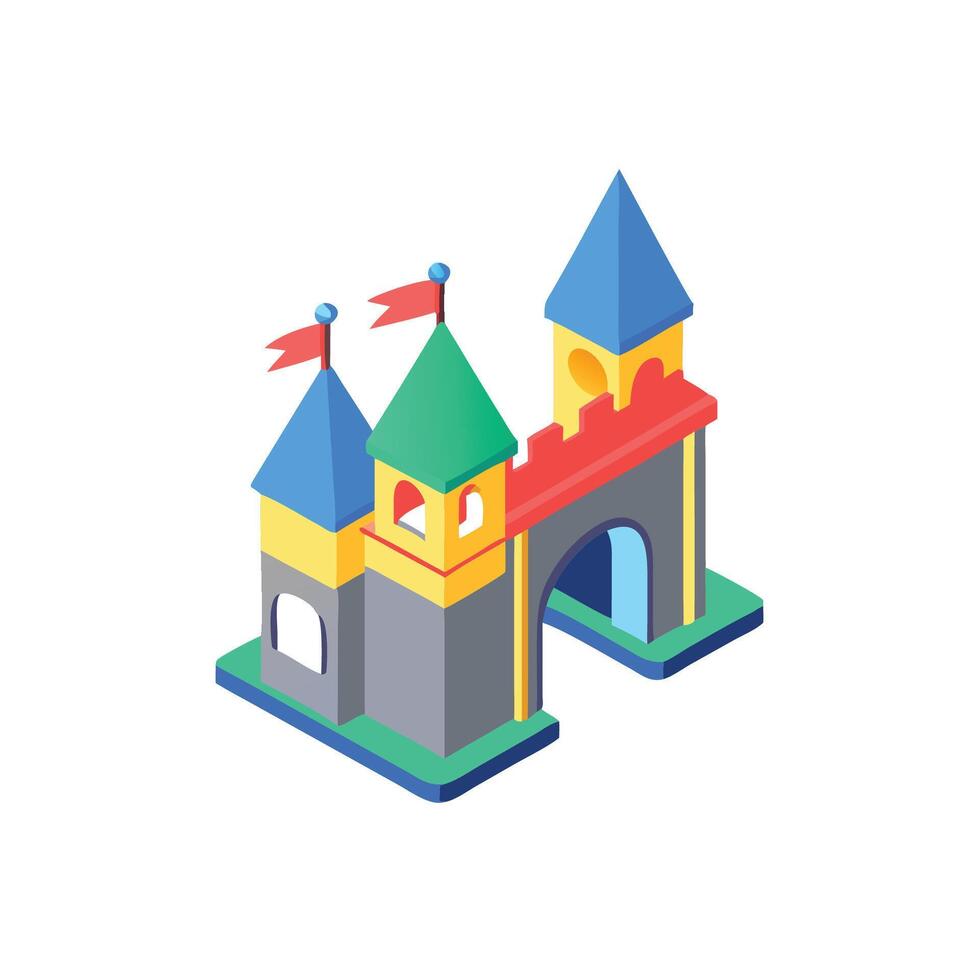 A castle with a gate and flags on top vector