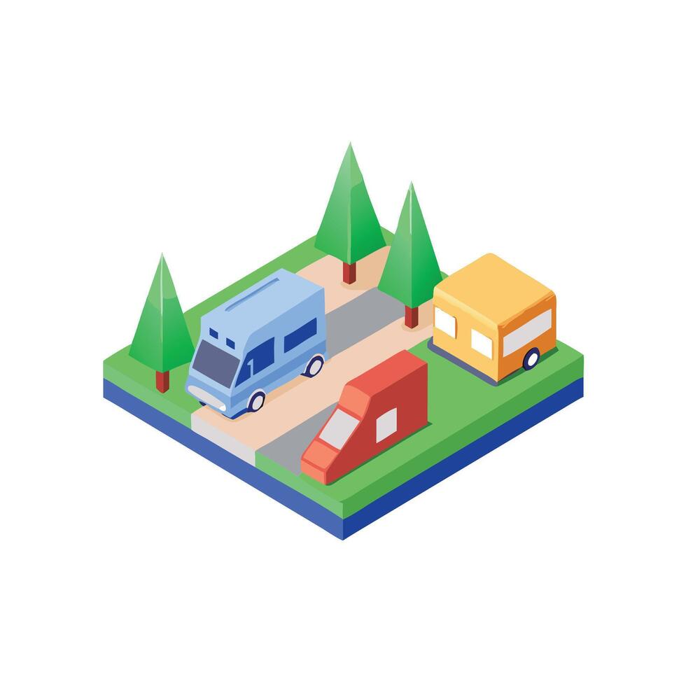 Isometric illustration of a camper van and a truck vector