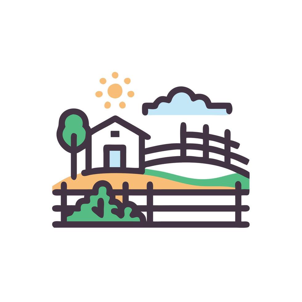 Farmhouse with fence and sun on top vector