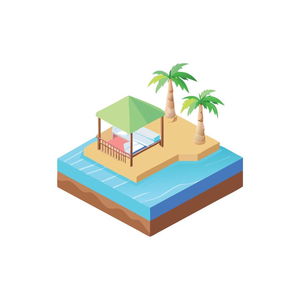 Isometric tropical island with a bed and palm trees vector