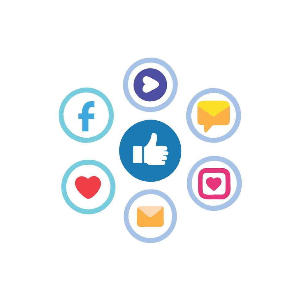 A circle with social icons and a thumbs up vector