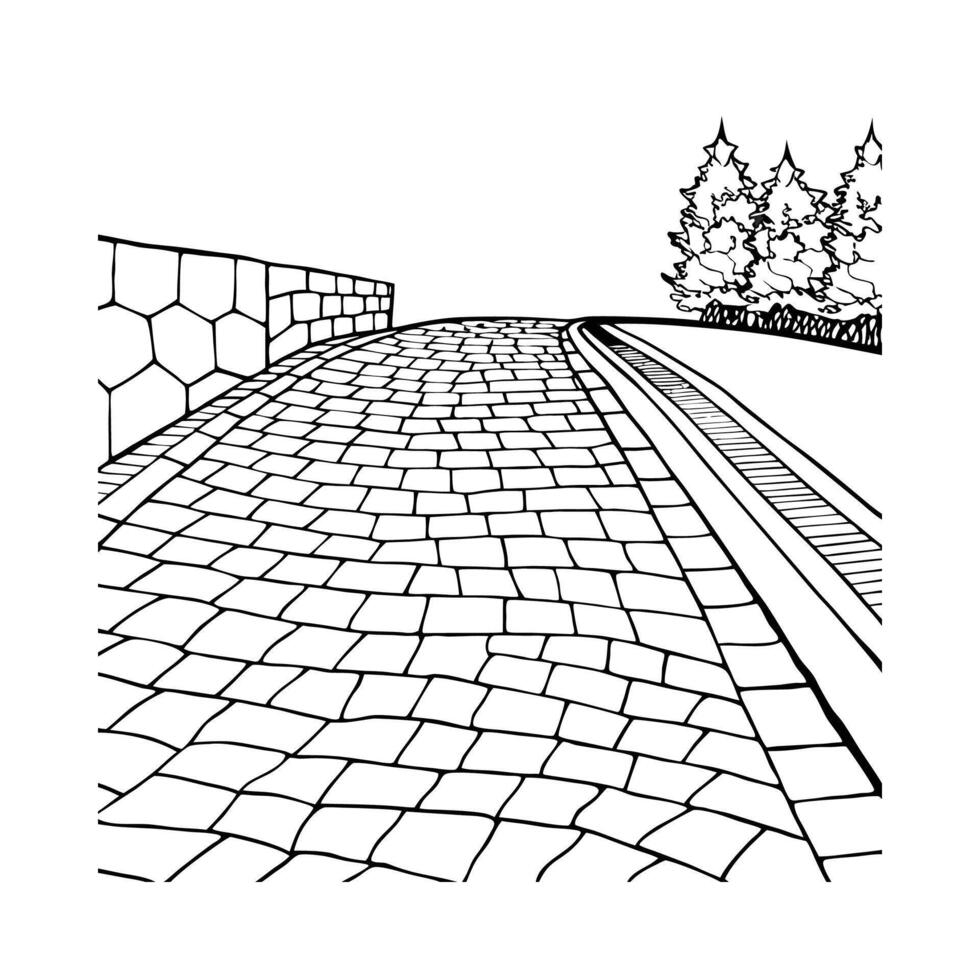 A black and white drawing of a road with trees vector