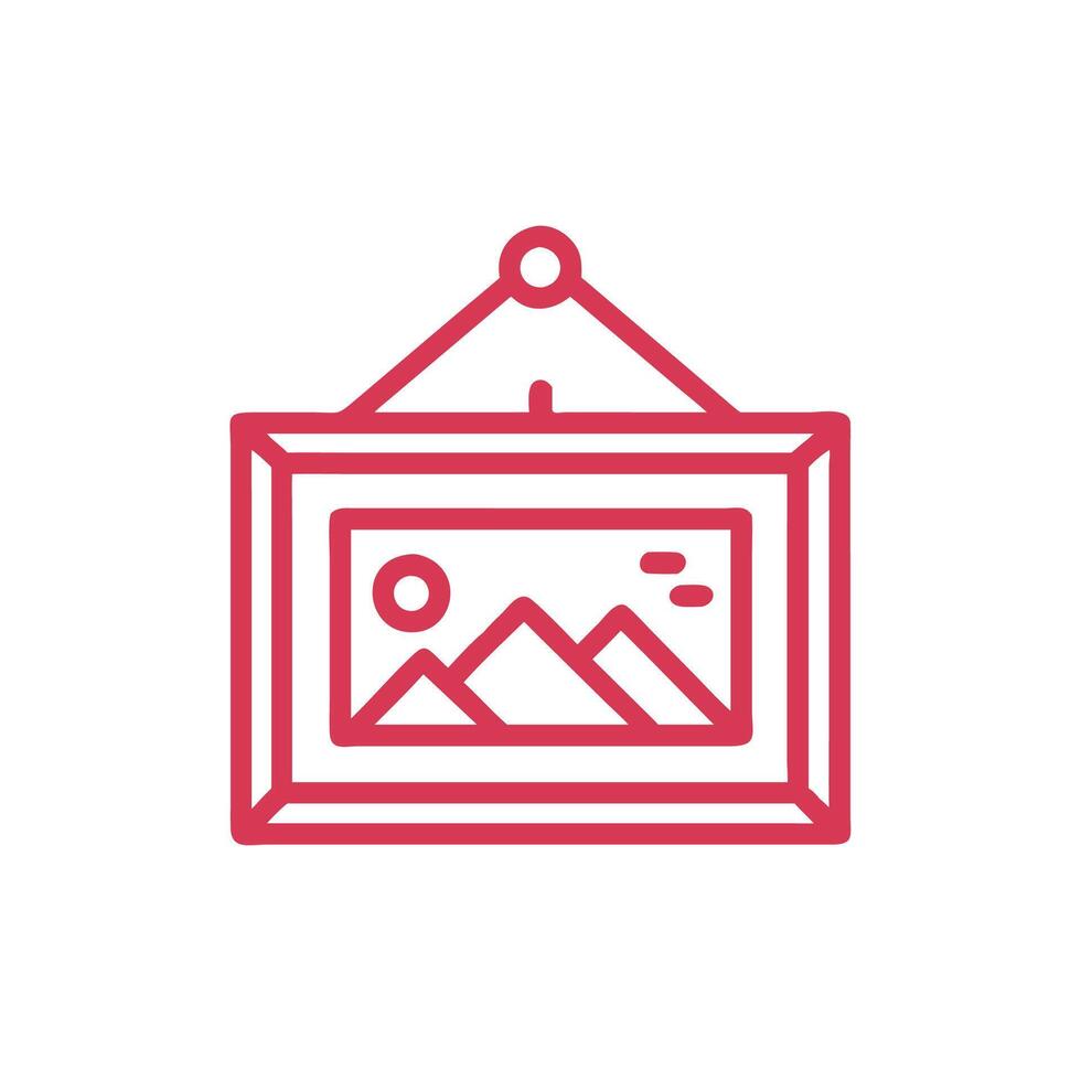 A red line icon of a frame with a mountain in the background vector