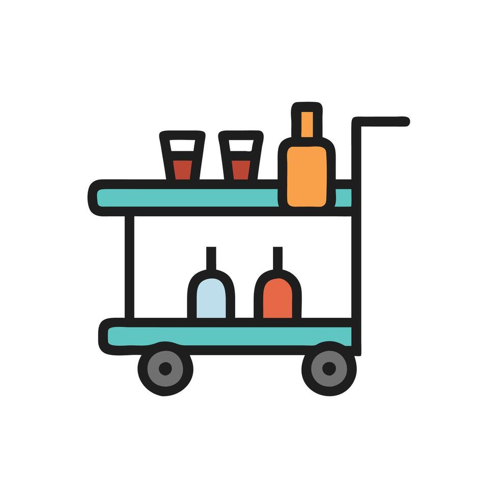 A bar cart with bottles and glasses on it vector