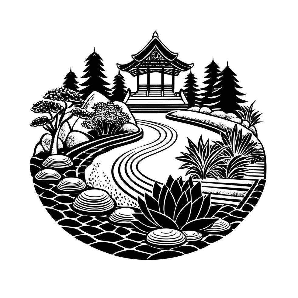Japanese garden with pagoda and trees illustration vector