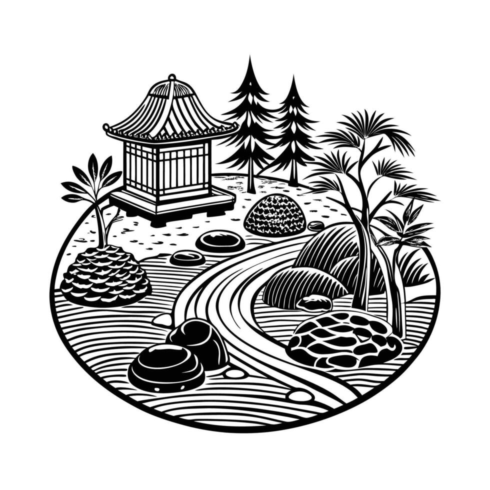 A black and white illustration of a japanese garden vector