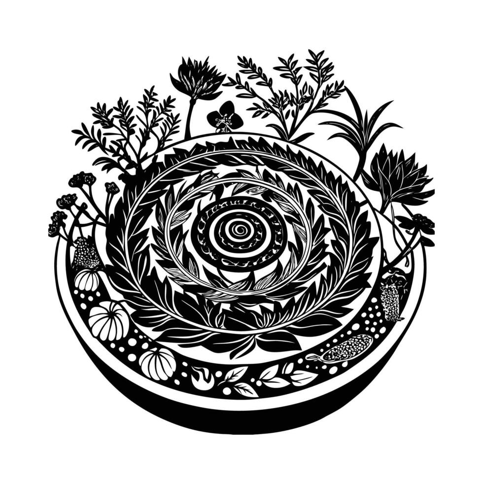 A black and white drawing of a circular plate with plants vector