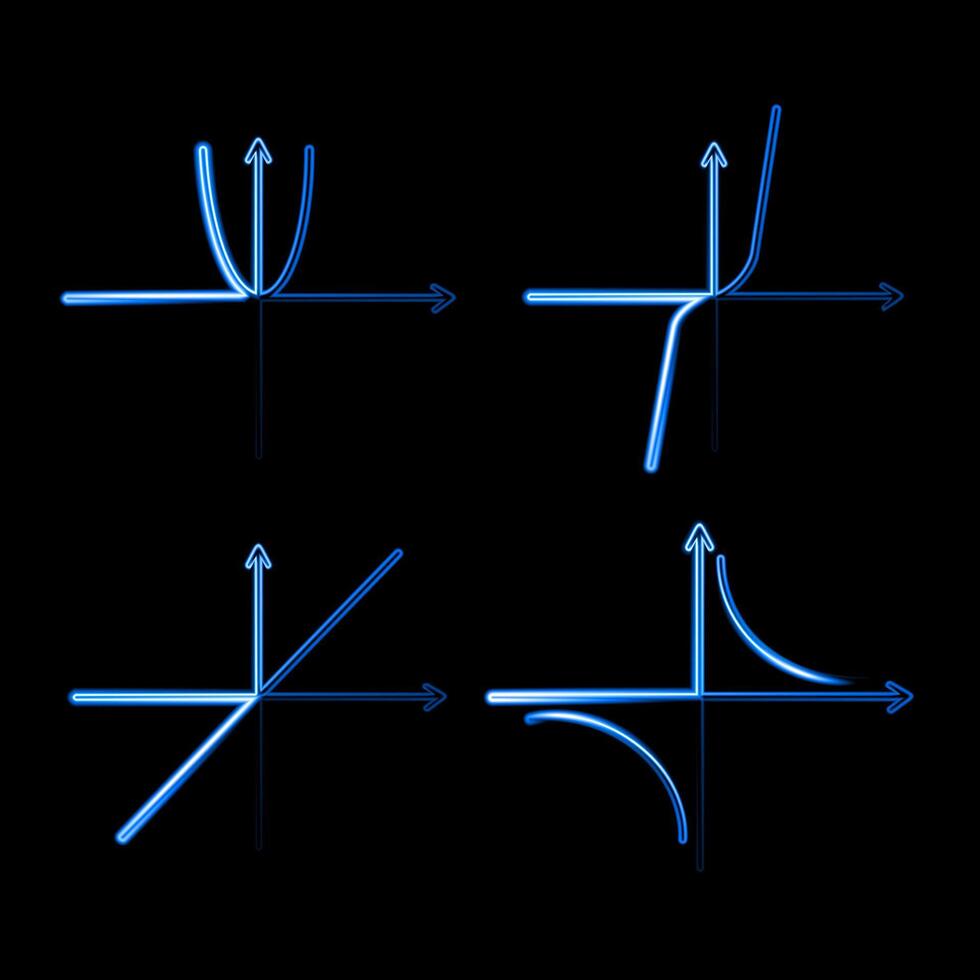 Illustration of a set of algebraic symbols with neon effect. Hyperbola and parabola on a coordinate system. vector