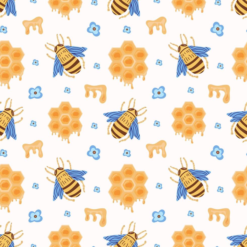 Bees, flowers, honeycombs with honey seamless pattern drawn in doodle style, . Background for beekeeping, bright spring children pattern with yellow honeycombs of honey. For packaging, textiles. vector