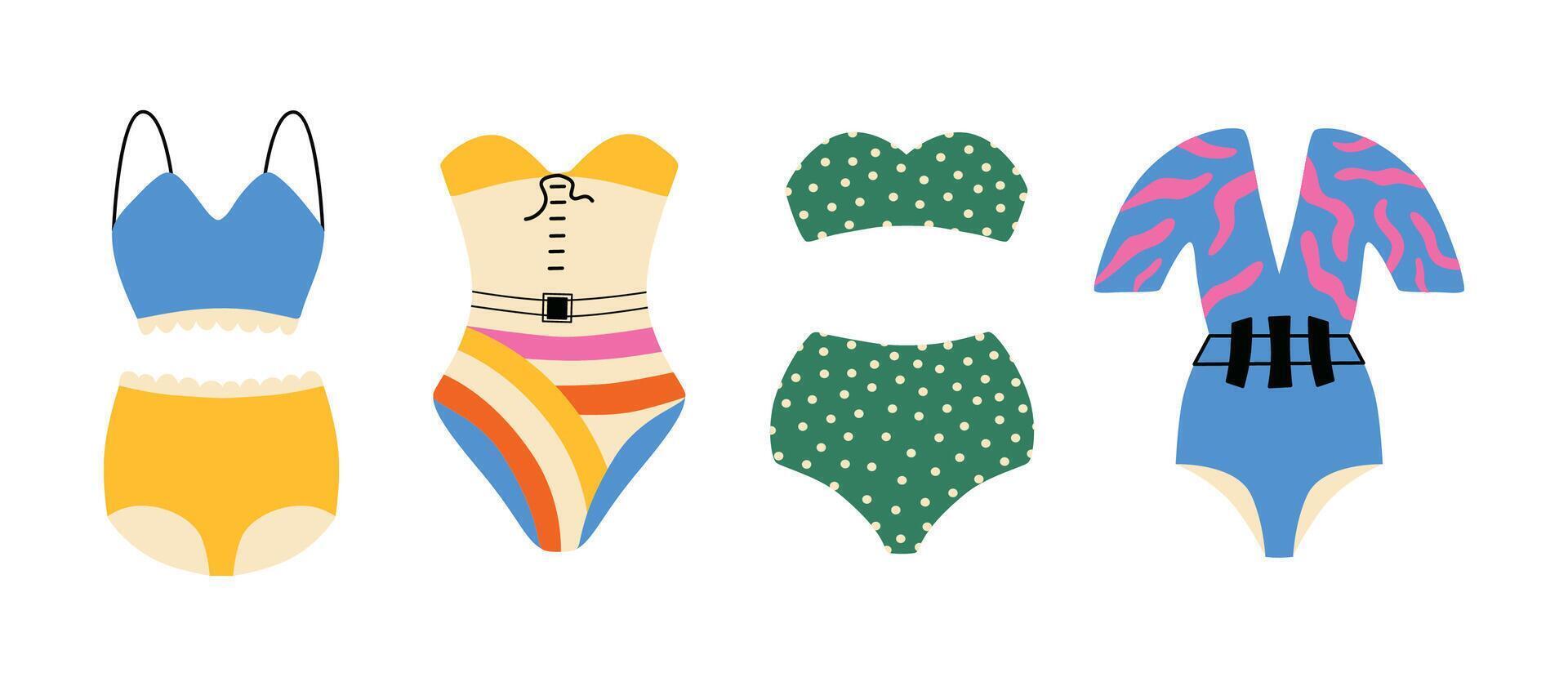 Set of vintage glamour women's lingerie and swimwear isolated on white background. Bundle stickers underwear and swimsuits or bikini tops and bottoms. Cartoon illustration. Summer vibes. vector