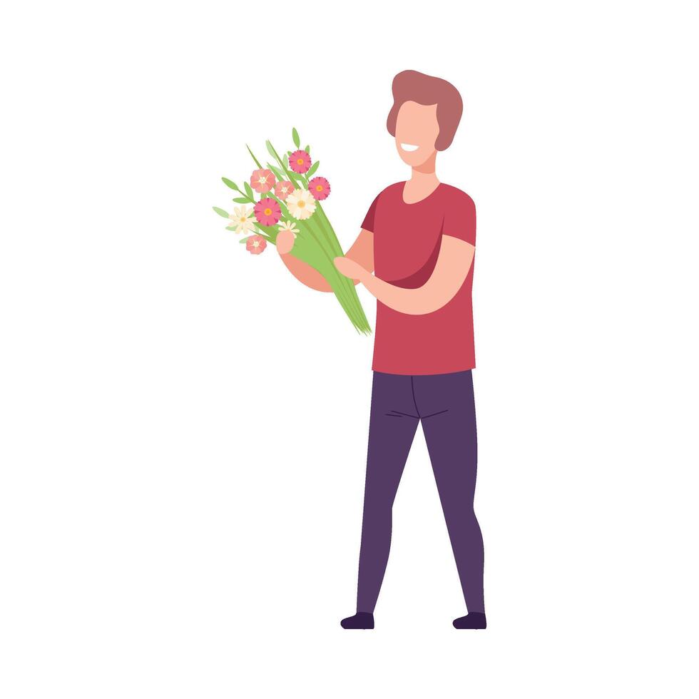 Smiling Romantic Young Man with Bouquet of Flowers Flat Illustration vector