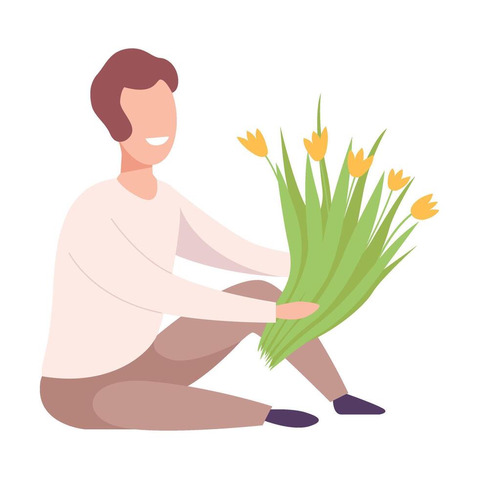 Smiling Romantic Young Man with Bouquet of Yellow Tulip Flowers Flat Illustration vector