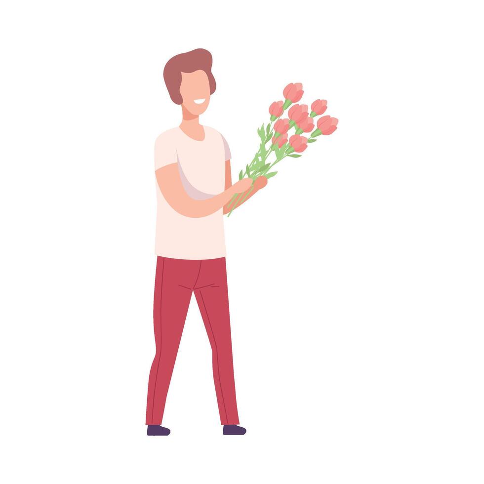Smiling Romantic Young Man Standing with Bouquet of Pink Flowers Flat Illustration vector